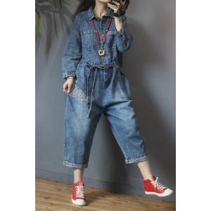 Leopard Patchwork Tied Jumpsuits Button Down Jean Jumpsuits