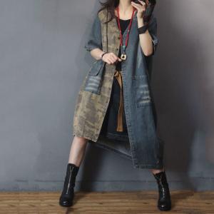 Blue Contrast Asymmetrical Outerwear Denim Camo Coat