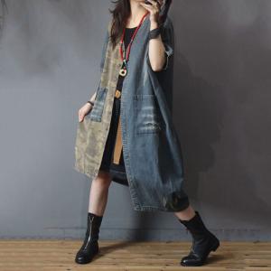 Blue Contrast Asymmetrical Outerwear Denim Camo Coat