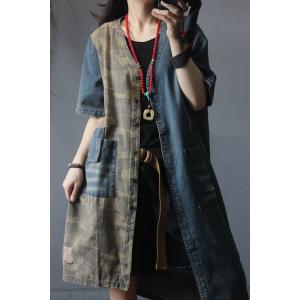 Blue Contrast Asymmetrical Outerwear Denim Camo Coat