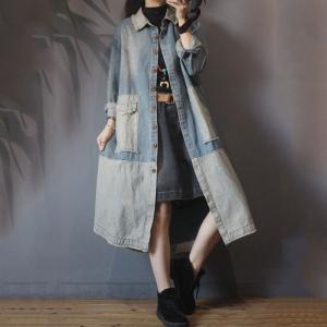 Color Patchwork Long Sleeve Coat Denim Frayed Outerwear