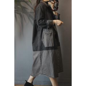 Color Patchwork Long Sleeve Coat Denim Frayed Outerwear