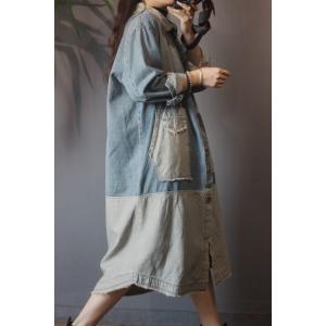 Color Patchwork Long Sleeve Coat Denim Frayed Outerwear