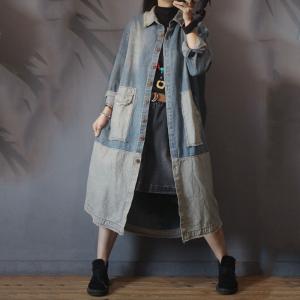 Color Patchwork Long Sleeve Coat Denim Frayed Outerwear