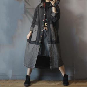 Color Patchwork Long Sleeve Coat Denim Frayed Outerwear