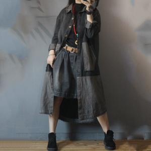 Color Patchwork Long Sleeve Coat Denim Frayed Outerwear