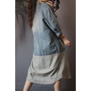 Color Patchwork Long Sleeve Coat Denim Frayed Outerwear