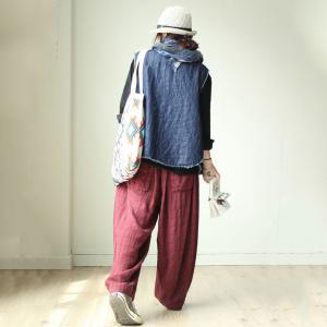 Baggy Checkered Pants Hip Pockets Large Linen Trousers for Women