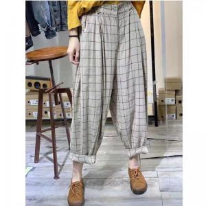 Baggy Checkered Pants Hip Pockets Large Linen Trousers for Women