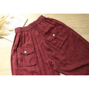 Baggy Checkered Pants Hip Pockets Large Linen Trousers for Women