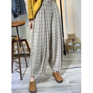 Baggy Checkered Pants Hip Pockets Large Linen Trousers for Women