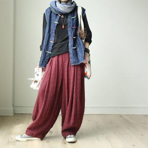 Baggy Checkered Pants Hip Pockets Large Linen Trousers for Women