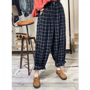 Baggy Checkered Pants Hip Pockets Large Linen Trousers for Women