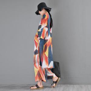 Color Block Loose Long Tunic with Ramie Wide Leg Pants