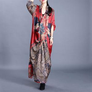 Flowers Printed Chest Cross Red Dress Silk Modest Maxi Dress