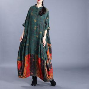 Chinese Style Green Floral Dress Plus Size Flare Dress