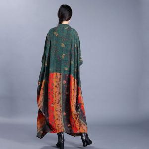 Chinese Style Green Floral Dress Plus Size Flare Dress