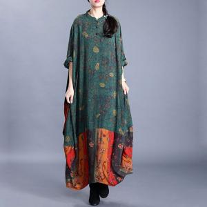 Chinese Style Green Floral Dress Plus Size Flare Dress