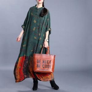 Chinese Style Green Floral Dress Plus Size Flare Dress