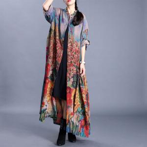 Sunflowers Printing Elegant Shirt Dress Silk H-Shaped Cardigan