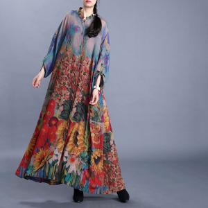 Sunflowers Printing Elegant Shirt Dress Silk H-Shaped Cardigan