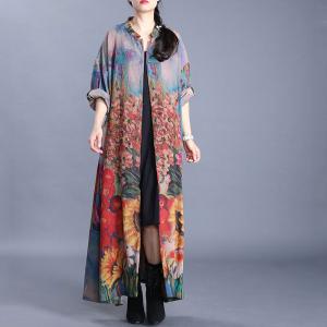 Sunflowers Printing Elegant Shirt Dress Silk H-Shaped Cardigan