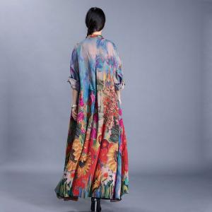 Sunflowers Printing Elegant Shirt Dress Silk H-Shaped Cardigan