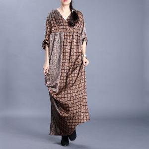 V-Neck Comfy Draped Plaid Dress Loose Modest Maxi Dress