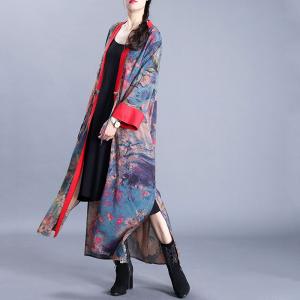 Chinese Fashion Side Slits Cardigan Vintage Printed Kimono