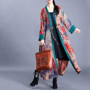 Chinese Fashion Side Slits Cardigan Vintage Printed Kimono