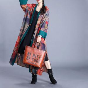 Chinese Fashion Side Slits Cardigan Vintage Printed Kimono