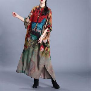 Hem Slit Bat Sleeve Vintage Caftan Silky Printing Shirt Dress