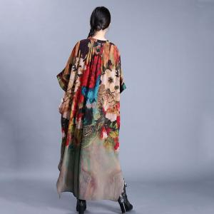 Hem Slit Bat Sleeve Vintage Caftan Silky Printing Shirt Dress