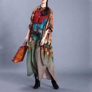 Hem Slit Bat Sleeve Vintage Caftan Silky Printing Shirt Dress