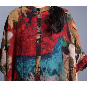 Hem Slit Bat Sleeve Vintage Caftan Silky Printing Shirt Dress