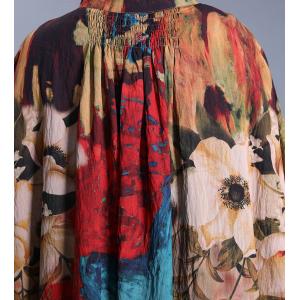 Hem Slit Bat Sleeve Vintage Caftan Silky Printing Shirt Dress