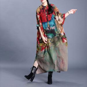 Hem Slit Bat Sleeve Vintage Caftan Silky Printing Shirt Dress