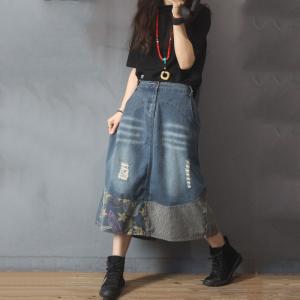 Vintage Printed Denim Maxi Skirt Striped Patchwork A-Line Skirt