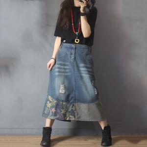 Vintage Printed Denim Maxi Skirt Striped Patchwork A-Line Skirt