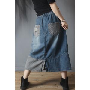 Vintage Printed Denim Maxi Skirt Striped Patchwork A-Line Skirt