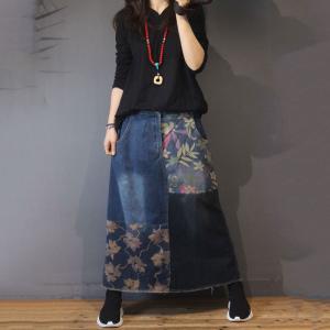 Printed Patchwork Blue Jean Skirt Frayed Maxi Skirt