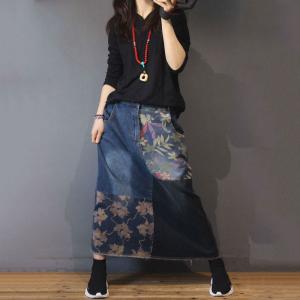 Printed Patchwork Blue Jean Skirt Frayed Maxi Skirt