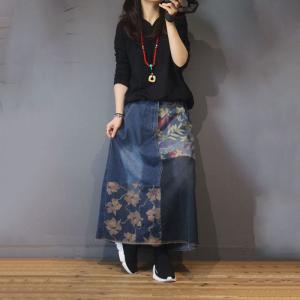 Printed Patchwork Blue Jean Skirt Frayed Maxi Skirt