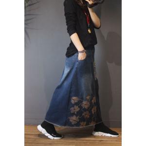 Printed Patchwork Blue Jean Skirt Frayed Maxi Skirt