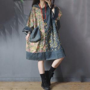 Big Pockets Plus Size Floral Dress Knee Length Hooded Denim Dress