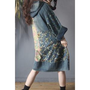 Big Pockets Plus Size Floral Dress Knee Length Hooded Denim Dress