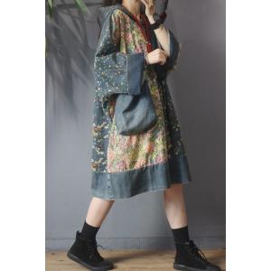 Big Pockets Plus Size Floral Dress Knee Length Hooded Denim Dress