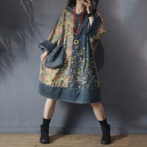 Big Pockets Plus Size Floral Dress Knee Length Hooded Denim Dress