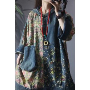 Big Pockets Plus Size Floral Dress Knee Length Hooded Denim Dress