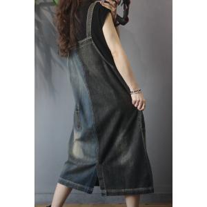 Black Contrast Button Down Denim Dress Overall A-Line Dress